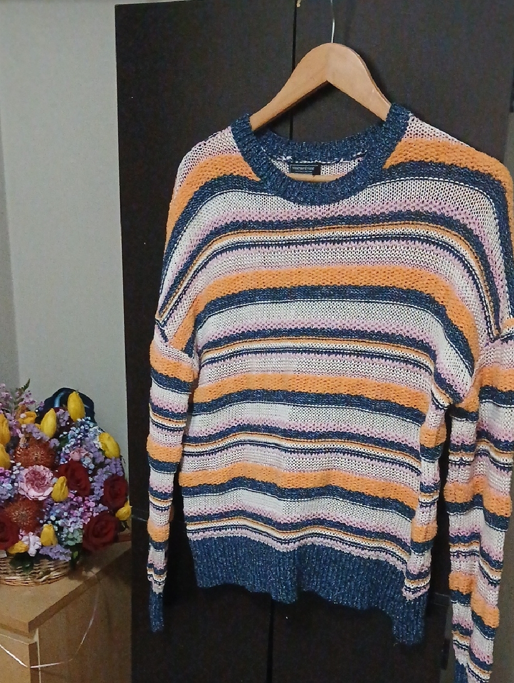 Striped Crewneck Sweater in Blue, Yellow & Pink